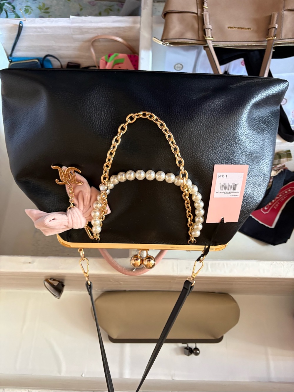 Juicy Couture Black Shoulder Bag with Pearl & Pink Scarf Accent